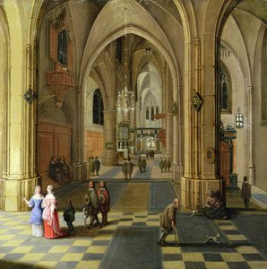 The Interior of a Gothic Cathedral with Two Women in Conversation
