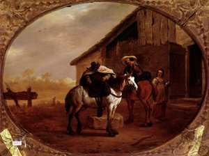 Departure from the Inn. Two horsemen ride on their horses after a stop in an inn. Painting by Pieter Van Laer dit Bamboccio (1592/5-1642) by Pieter van Laar
