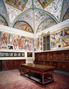 Glimpse of sacristy with Perugino panels, Basilica of Saint Peter, Perugia, Umbria, Italy