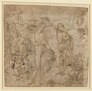 a) The Baptism of Christ; b) Draped Figure Holding a Book and Man Wielding an Ax with a Figure, c.1475 by Pietro Perugino