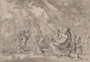 The Garden of Charity, Woman Representing Charity at Right Surrounded by Children by Pietro Testa