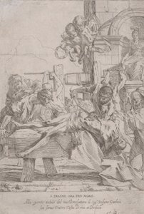 The martyrdom of Saint Erasmus who is prostrate having in innards removed, two putti a...