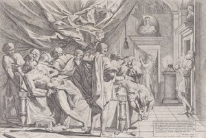 The suicide of the philosopher Cato, who lies on his bed pulling out his innards watched b...