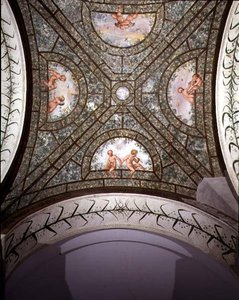 The semicircular ionic portico, detail of the ceiling vault decorated with putti in a garden by Pietro Venale