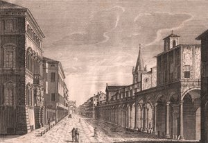 View of the Strada Maggiore in Bologna, Emilia-Romagna, Italy, Copper Engraving by C Lambertini after a Drawing by Pio Panfili