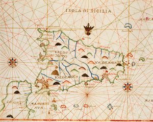 Sicily from portolan atlas consisting of six charts, Parchment. 1646 by Placido Caloiro e Oliva
