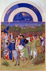 Cortege of Nobles and Musicians on Horseback, View of the Ducal Palace of Riom (?) and the Month of May by Pol de Limbourg