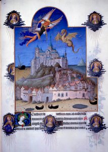 View of Mont Saint Michel: the archangel Saint Michel and the dragon wing fighting in the air by Pol de Limbourg
