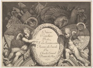 Title page of Divers Trophées Weapon Trophies after the Façade of Palazzo Milesi in Rome, 1651