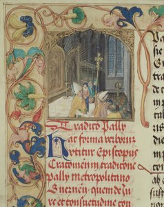 Bishop from Cracow handing over the Pallium to the Archbishop of Gniezno from the Pontifical of Bishop Erasmus Ciolek c.1510