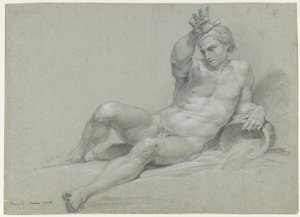 Nude Study of a Reclining Male Model, Right Arm Raised, in the Pose of an Ancient River God, Viewed from the Left by Pompeo Girolamo Batoni