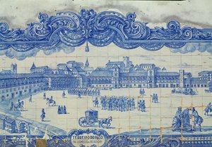 Azulejos tiles depicting the Praca do Comercio, Lisbon by Portuguese School