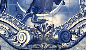 Detail of a decorative panel showing the Virgin Mary crushing the Serpent, Lamego, Portugal. 1738 by Portuguese School