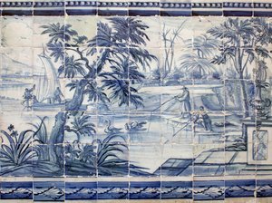 Lake fishermen in Asia - Azulejos, painted faience
