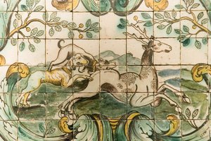 Majolica tiles depicting dogs chasing a deer from The Hunting Room at Palacio da Praia, Belem, c.1680 by Portuguese School