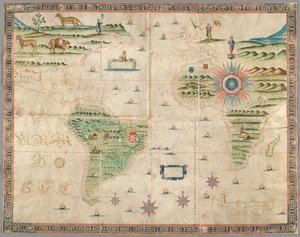 Map of Western Europe, Africa and America, with drawings of mountains, animals, etc. by Portuguese School