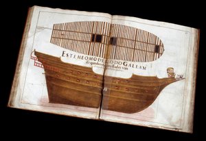 Naval architecture: page of the architectural treatise (Livro de Tracas de Carpintaria) by Manuel Fernandez: cutting a ship