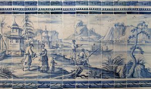 Scene on the banks of a lake in Asia - Azulejos, painted faience