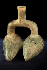 Phytomorph Ceramic with Double Body and Stirrup Handle by Precolombian Precolombian