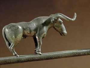Prehistory: Silver Bull Statue from the Tomb of Maikop. 3000-2500 BC. Eneolithic, Copper Age. Saint Petersburg, Hermitage Museum