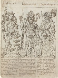 King Arthur, Charlemagne and Godfrey of Boulogne by Primary Master of the Strassburg Chronicle