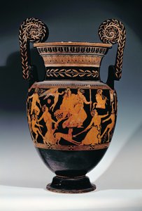 Attic red-figure volute-crater, decorated with a scene of actors and musicians preparing for a performance, Greek, from Ruvo, 5th century BC