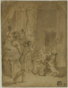 The Infant Hercules Strangling Serpents in His Cradle (recto); Crowned Woman Kneeling in Landscape, and Other Sketches (verso) by Prospero Fontana