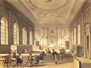 Dividend Hall at South Sea House, pub. by R. Ackermann, 1810 by Pugin and Rowlandson