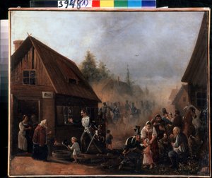 Scene of the Russian French War in 1812. Painting by Pyotr Ilyich Baykov (1817-?)