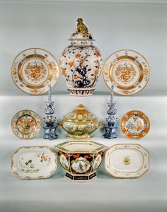 Imari baluster vase; Rose-verte armorial dish, c.1724; Famille rose bombe tureen and cover; Two blue and white tulip vases; Famille Rose armorial plate; Imari plate by Cornelius Prenk; Famille Rose oblong dish; Famille Rose hexagonal jardiniere
