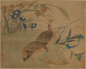 Two quail eating grasshoppers under flowers by Qing Dynasty Chinese School