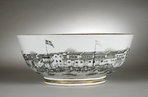 Punch bowl painted with warehouses or Hongs, Canton (Guangzhou)