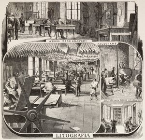 Fratelli Treves Publishing House: Draughtsmen Study, Carpentry, Cleaning Lithographic Stones, Lithography, Milan, Italy