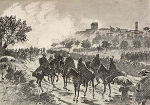 Italian soldiers on horseback moving from Copreno to Cermenate, Italy