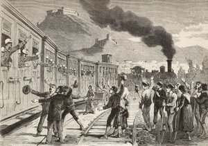 Men and women saying goodbye to Italian soldiers leaving from Cassino railway station, Italy