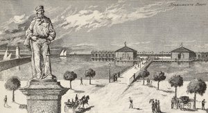 Monument in memory of Giuseppe Garibaldi, Italian politician and patriot, and bathing establishment in the background, Cesenatico, Italy