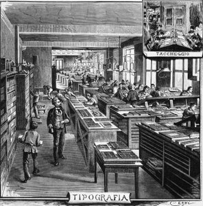 Offices of Treves brothers, typography and overlaying, Milan, Italy, illustration by Quinto Cenni from L