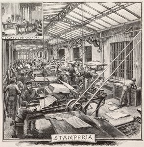 Printing house in Fratelli Treves publishing house, Milan, Italy, engraving from L