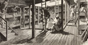 Soldiers below deck in dormitory, ship Principe Amedeo, Italian expedition in Red Sea
