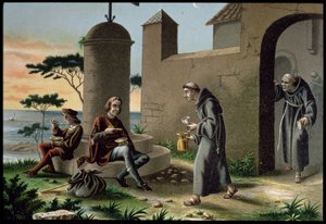 The Arrival of Christopher Columbus with his Son at the Monastery of la Rabida, from The Discovery of America, published in Barcelona in 1878 by R. Puiggari