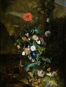 An Arrangement of Flowers by a Tree Trunk