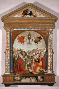 Altarpiece of the Adoration of the Blessed Sacrament, in the Predella: The Last Supper, Saint Sebastian and Saint Roch by Raffaele De (fl.1514 1573) Pancalino