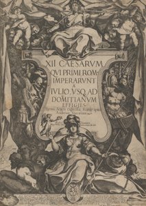 Frontispiece with a trumpeter sounding trumpets seated on top of a cartouche flanked by tr..., 1606 by Raffaello Schiaminossi