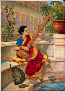 A seated Indian woman plays a sitar next to a garden pond