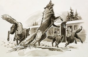 Passengers in a snowbound train fight off starving wolves