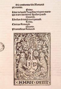 Page of the Codex "De Laudibus Beatissimae Virginis Mariae" by Ramon Llull, depicting two lions holding the coat of arms of the printer Jehan Petit