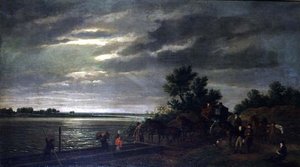 A Carriage and Horses Entering a Ferry Boat on the River Leck in Holland at Night