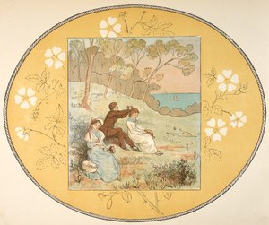 Two Women and a Man Sitting in a Clearing Near the Coast. Floral Border.