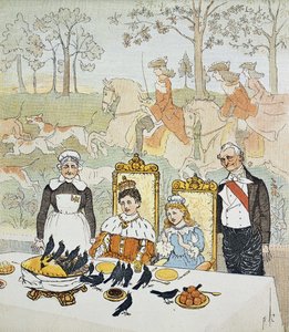 A King and Queen sitting at a table surrounded by servants, with a hunting scene behind them. Plate 14 from 