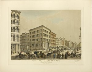 Corner of Lake and La Salle Streets, Chicago, Marine Bank Building in the Year 1864 by Raoul Varin